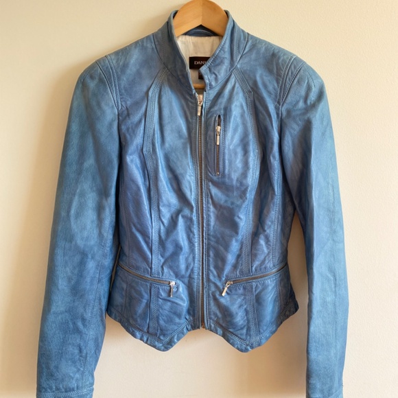 **UNIQUE** Danier Moto Jacket - Genuine Leather - Dusty Blue - Rare Lining -XXS - Picture 2 of 12